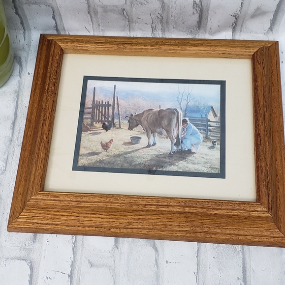 Vtg. Framed Lady Milking A Cow Western Wall Art Print Decor